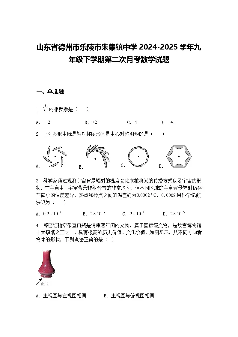 山东省德州市乐陵市朱集镇中学2024-2025学年九年级下学期第二次月考数学试题(含答案解析)第1页
