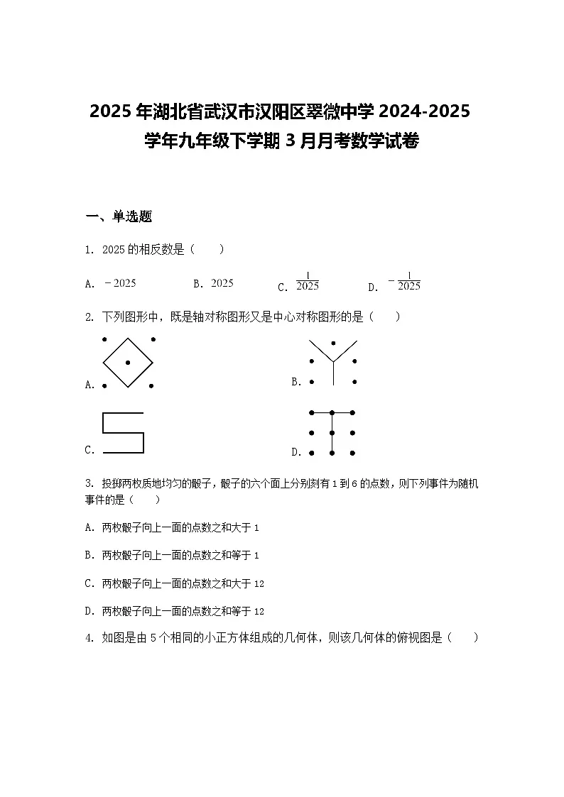 2025年湖北省武汉市汉阳区翠微中学2024-2025学年九年级下学期3月月考数学试卷(含答案解析)第1页