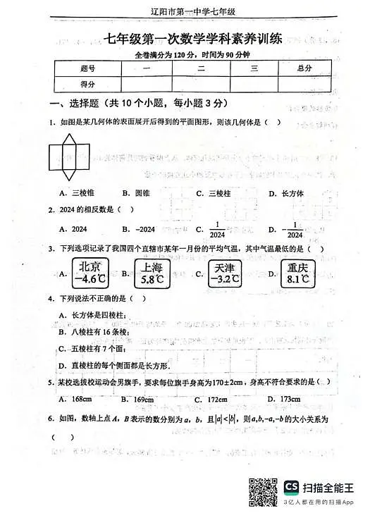 辽宁省辽阳市第一中学2025-2026学年七年级上学期第一次月考数学试卷第1页