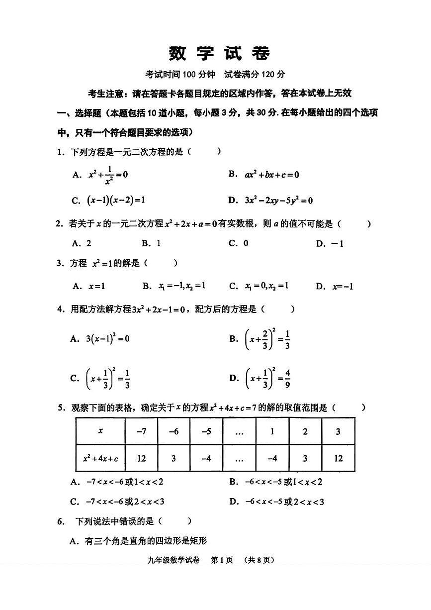 辽宁省锦州市第八初级中学2025-2026学年九年级上学期10月月考数学试题第1页
