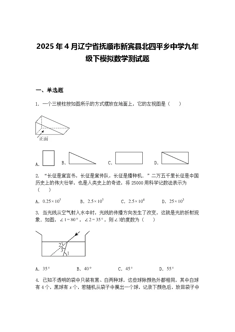 2025年4月辽宁省抚顺市新宾县北四平乡中学九年级下模拟数学测试题(含答案解析)第1页