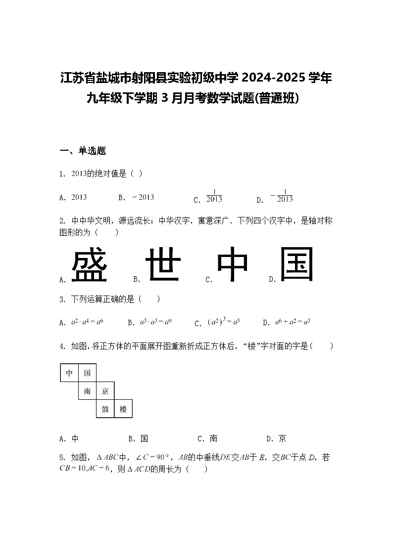 江苏省盐城市射阳县实验初级中学2024-2025学年九年级下学期3月月考数学试题(普通班)(含答案解析)第1页