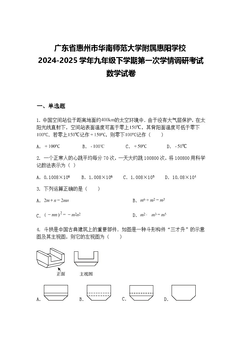 广东省惠州市华南师范大学附属惠阳学校2024-2025学年九年级下学期第一次学情调研考试数学试卷(含答案解析)第1页