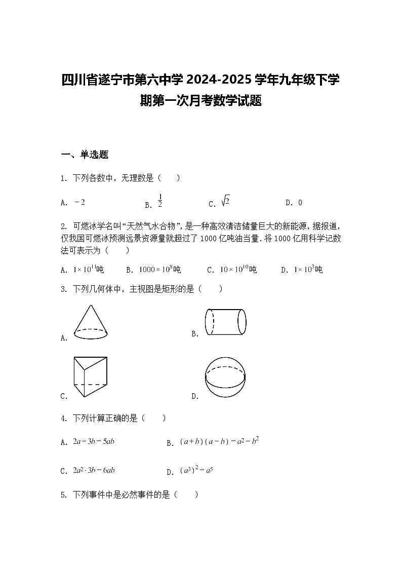 四川省遂宁市第六中学2024-2025学年九年级下学期第一次月考数学试题(含答案解析)第1页