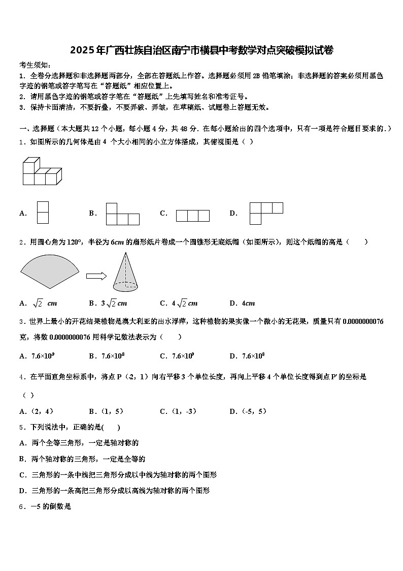 2025年广西壮族自治区南宁市横县中考数学对点突破模拟试卷含解析第1页