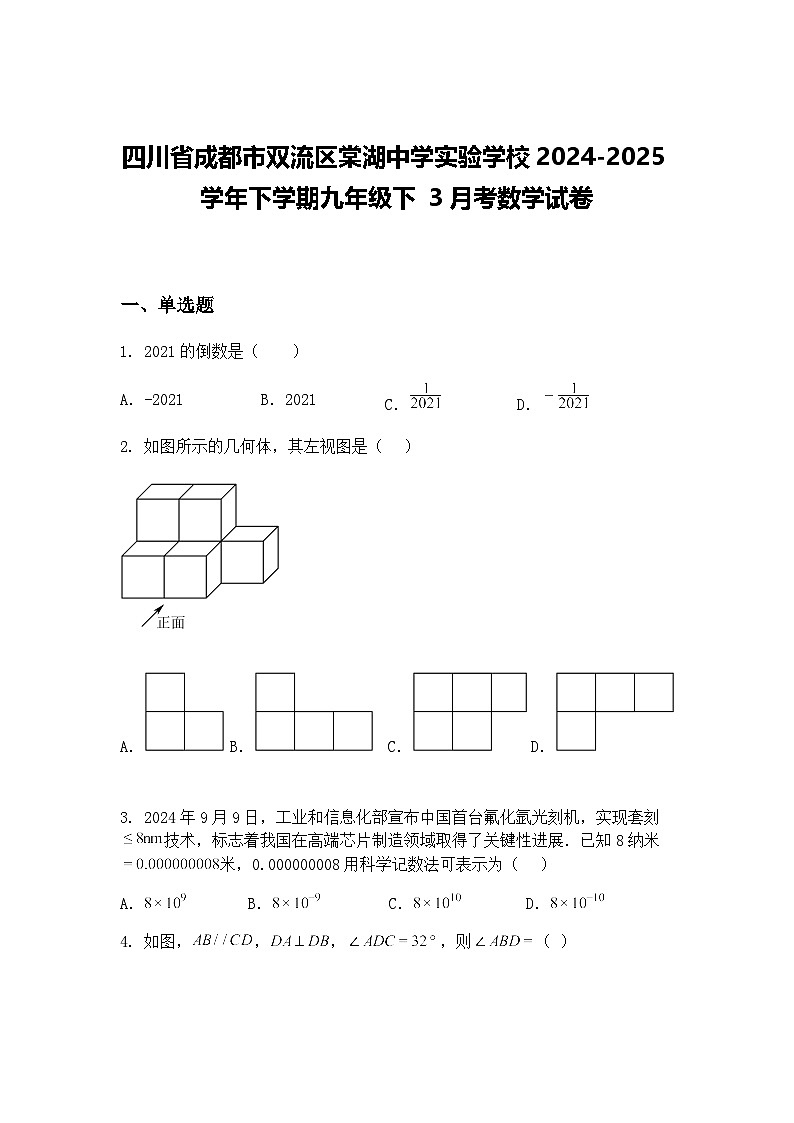 四川省成都市双流区棠湖中学实验学校2024-2025学年下学期九年级下 3月考数学试卷(含答案解析)第1页