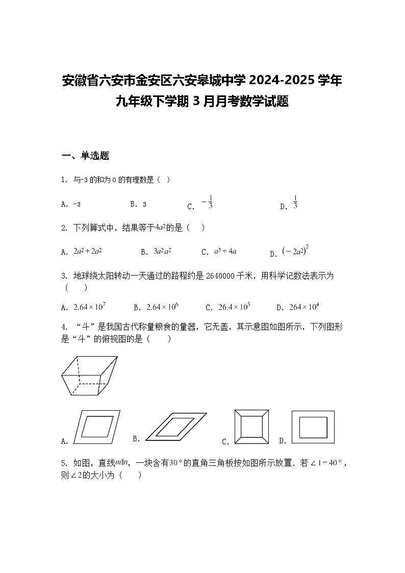 安徽省六安市金安区六安皋城中学2024-2025学年九年级下学期3月月考数学试题(含答案解析)第1页