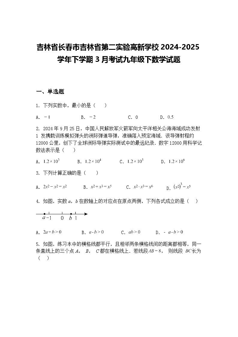 吉林省长春市吉林省第二实验高新学校2024-2025学年下学期3月考试九年级下数学试题(含答案解析)第1页