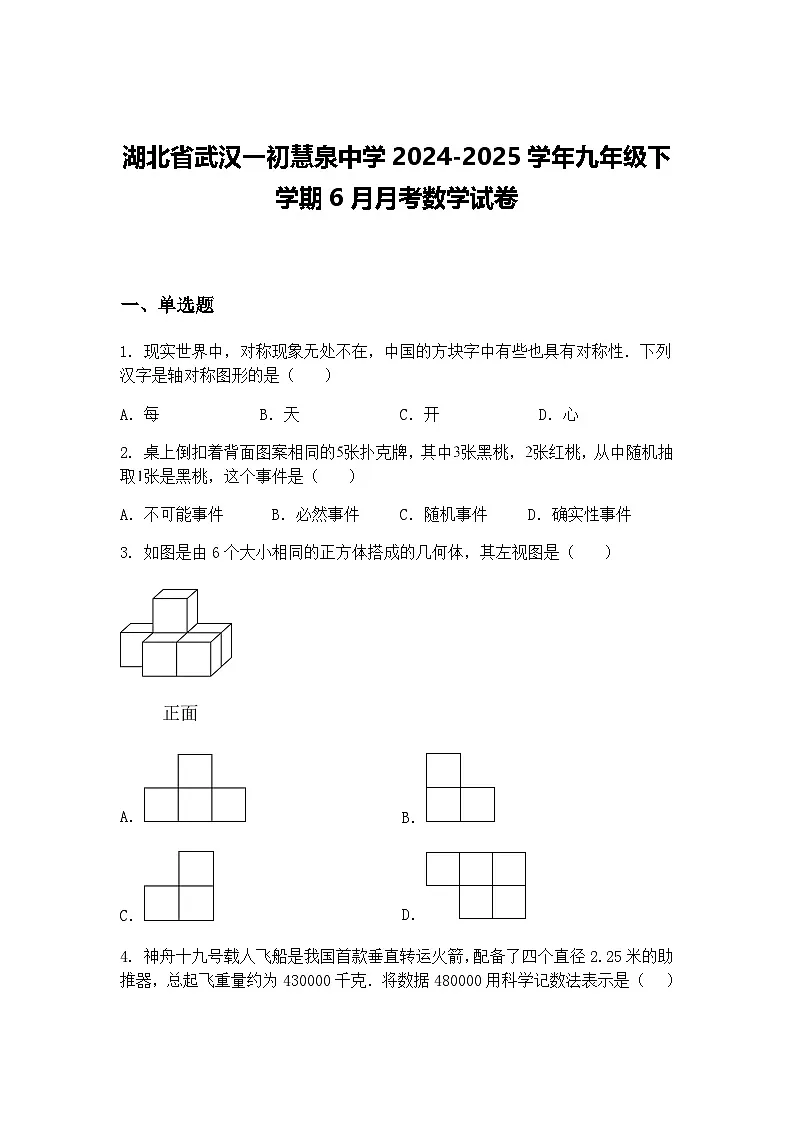 湖北省武汉一初慧泉中学2024-2025学年九年级下学期6月月考数学试卷(含答案解析)第1页