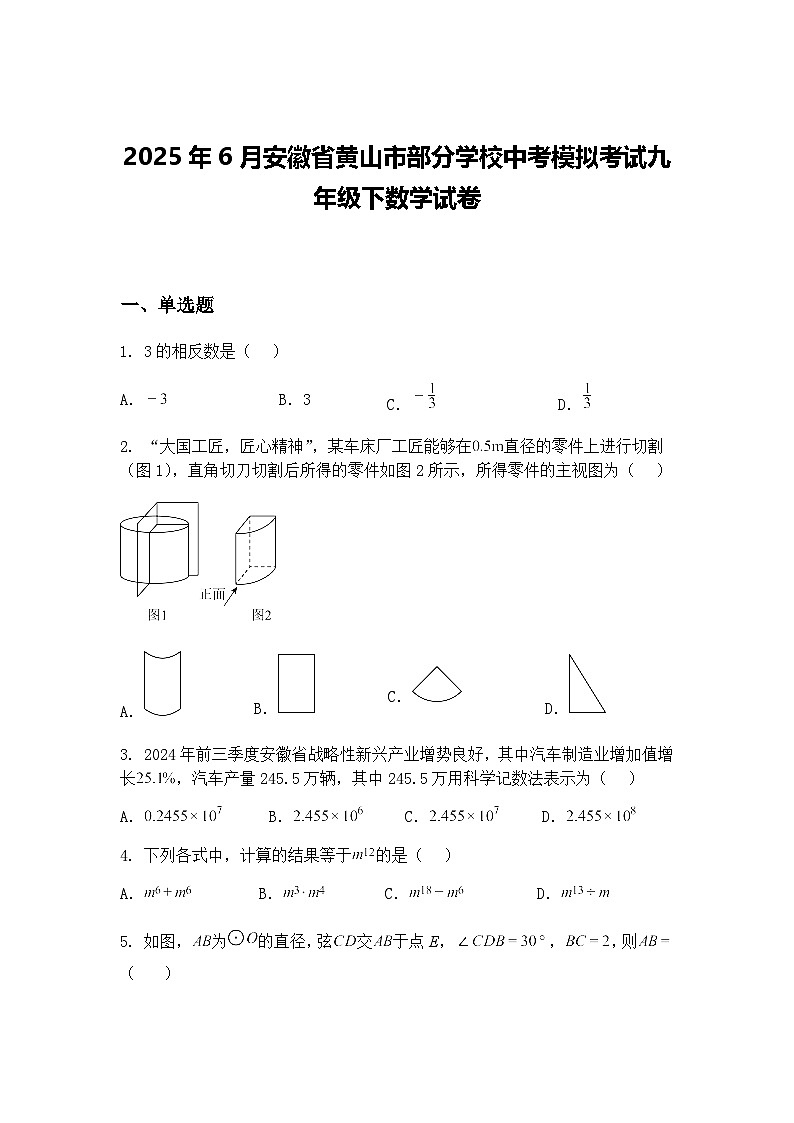 2025年6月安徽省黄山市部分学校中考模拟考试九年级下数学试卷(含答案解析)第1页