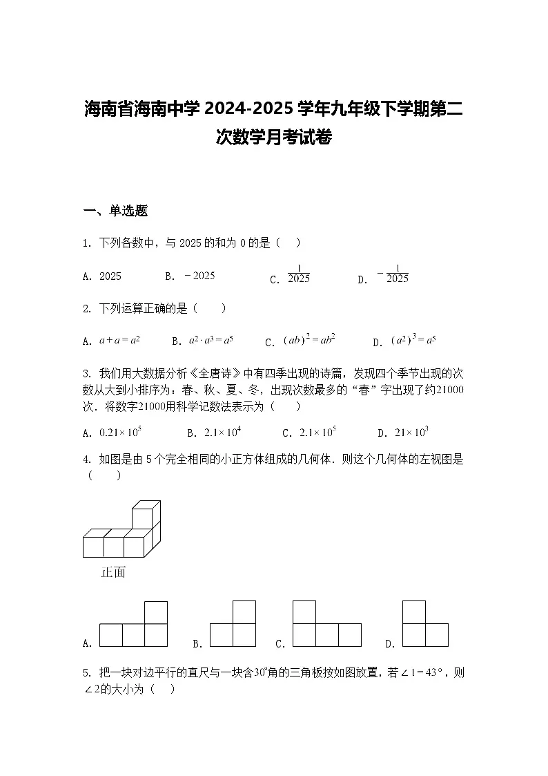 海南省海南中学2024-2025学年九年级下学期第二次数学月考试卷(含答案解析)第1页