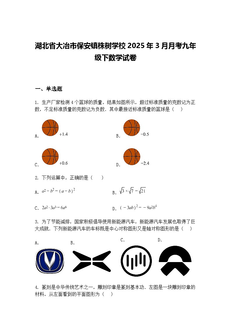 湖北省大冶市保安镇株树学校2025年3月月考九年级下数学试卷(含答案解析)第1页