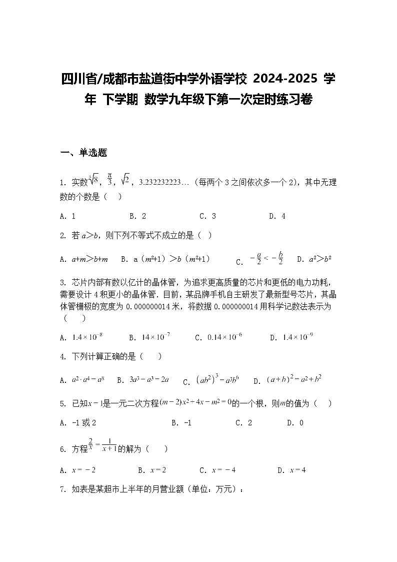 成都市盐道街中学外语学校 2024-2025 学年 下学期 数学九年级下第一次定时练习卷(含答案解析)第1页