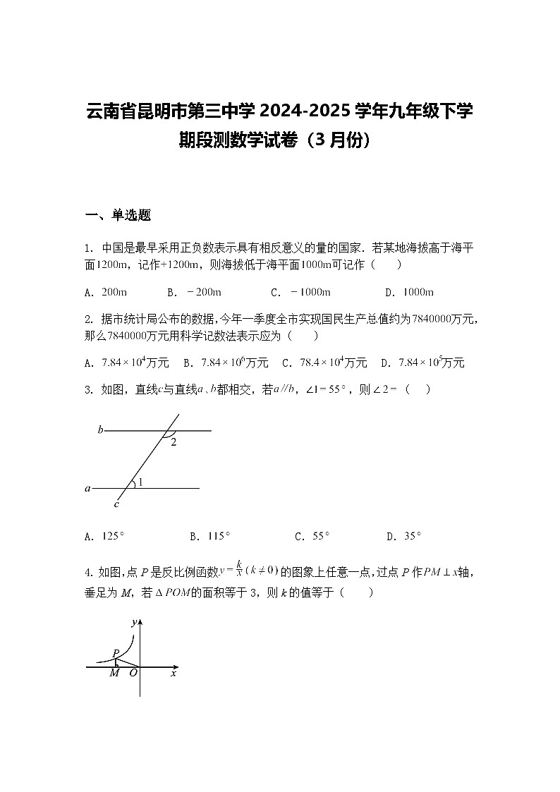 云南省昆明市第三中学2024-2025学年九年级下学期段测数学试卷(3月份)(含答案解析)第1页