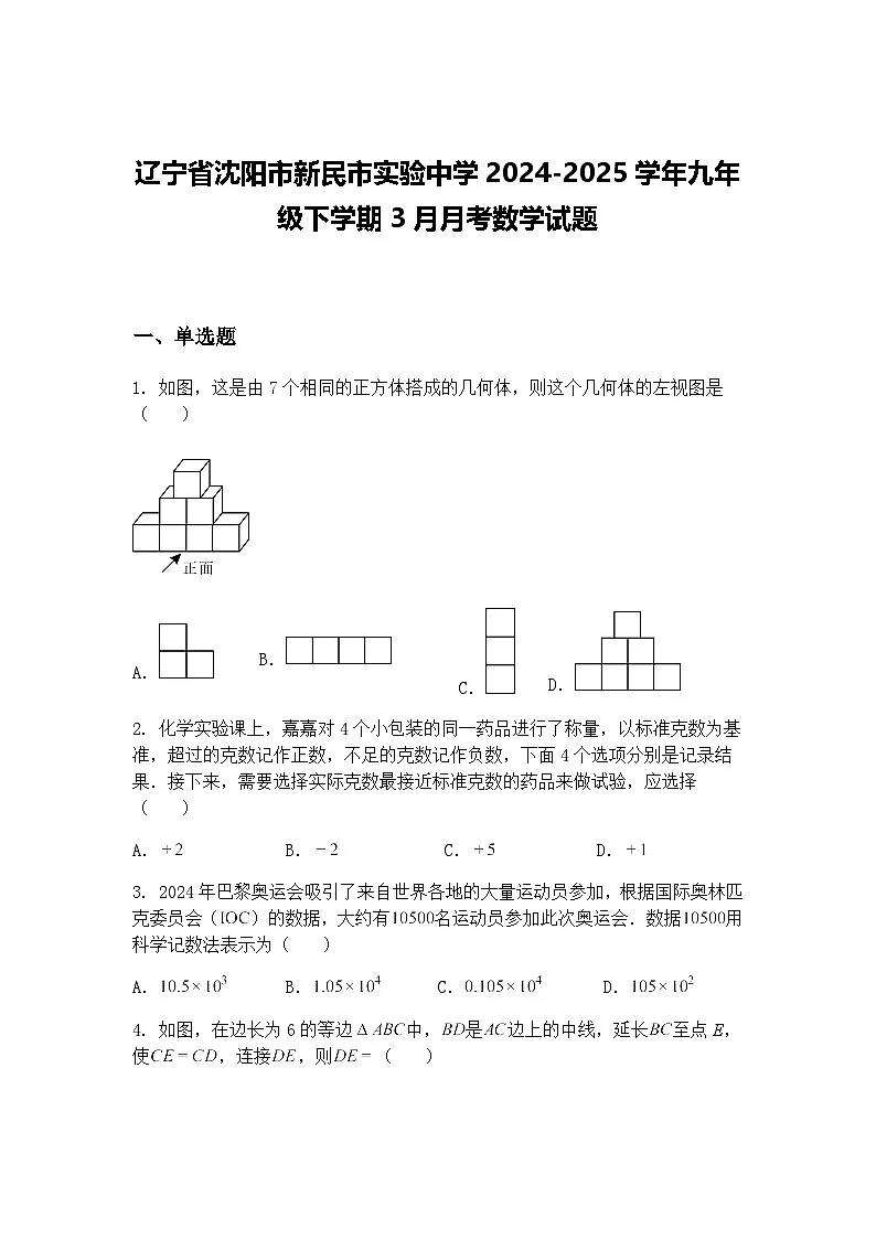 辽宁省沈阳市新民市实验中学2024-2025学年九年级下学期3月月考数学试题(含答案解析)第1页