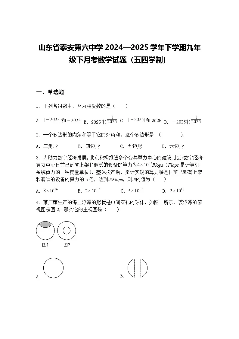 山东省泰安第六中学2024—2025学年下学期九年级下月考数学试题(五四学制)(含答案解析)第1页