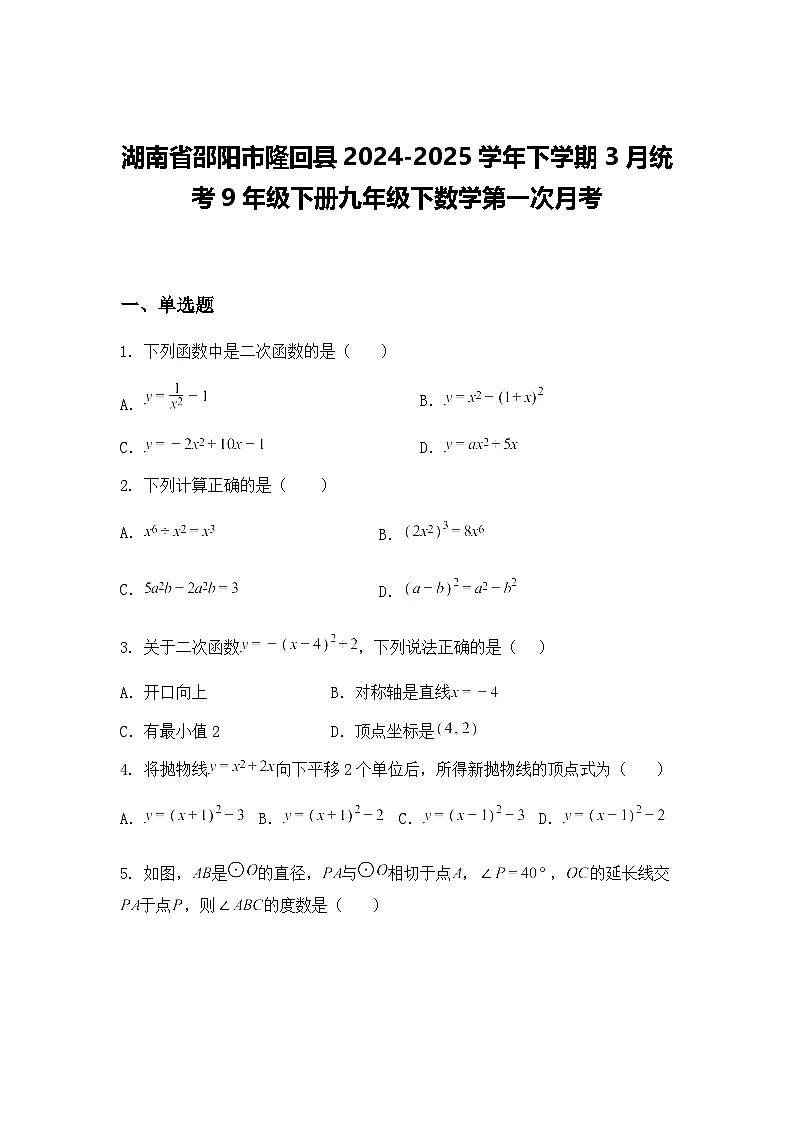 湖南省邵阳市隆回县2024-2025学年下学期3月统考9年级下册九年级下数学第一次月考(含答案解析)第1页