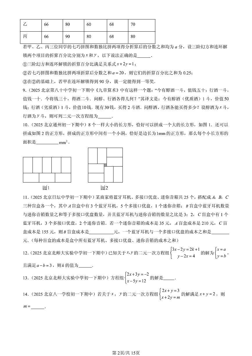 2025北京重点校初一(下)期中数学汇编:二元一次方程组的解法(京改版)(填空题)第2页