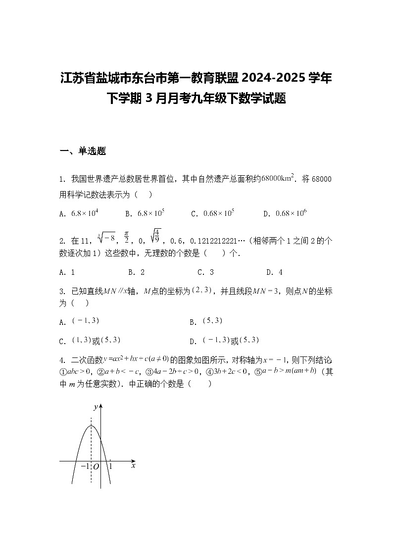 江苏省盐城市东台市第一教育联盟2024-2025学年下学期3月月考九年级下数学试题(含答案解析)第1页
