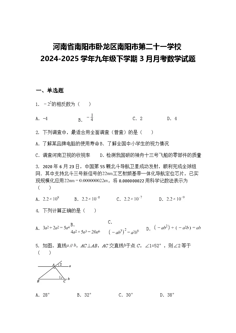 河南省南阳市卧龙区南阳市第二十一学校2024-2025学年九年级下学期3月月考数学试题(含答案解析)第1页