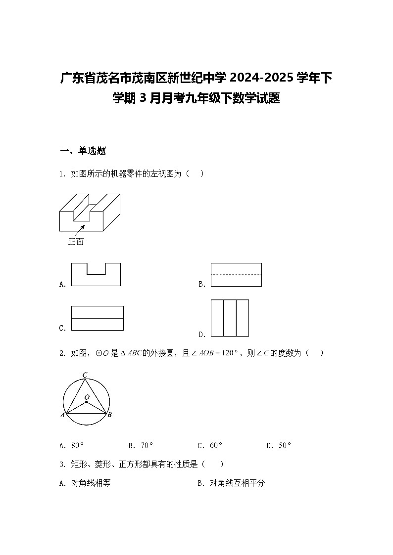 广东省茂名市茂南区新世纪中学2024-2025学年下学期3月月考九年级下数学试题(含答案解析)第1页