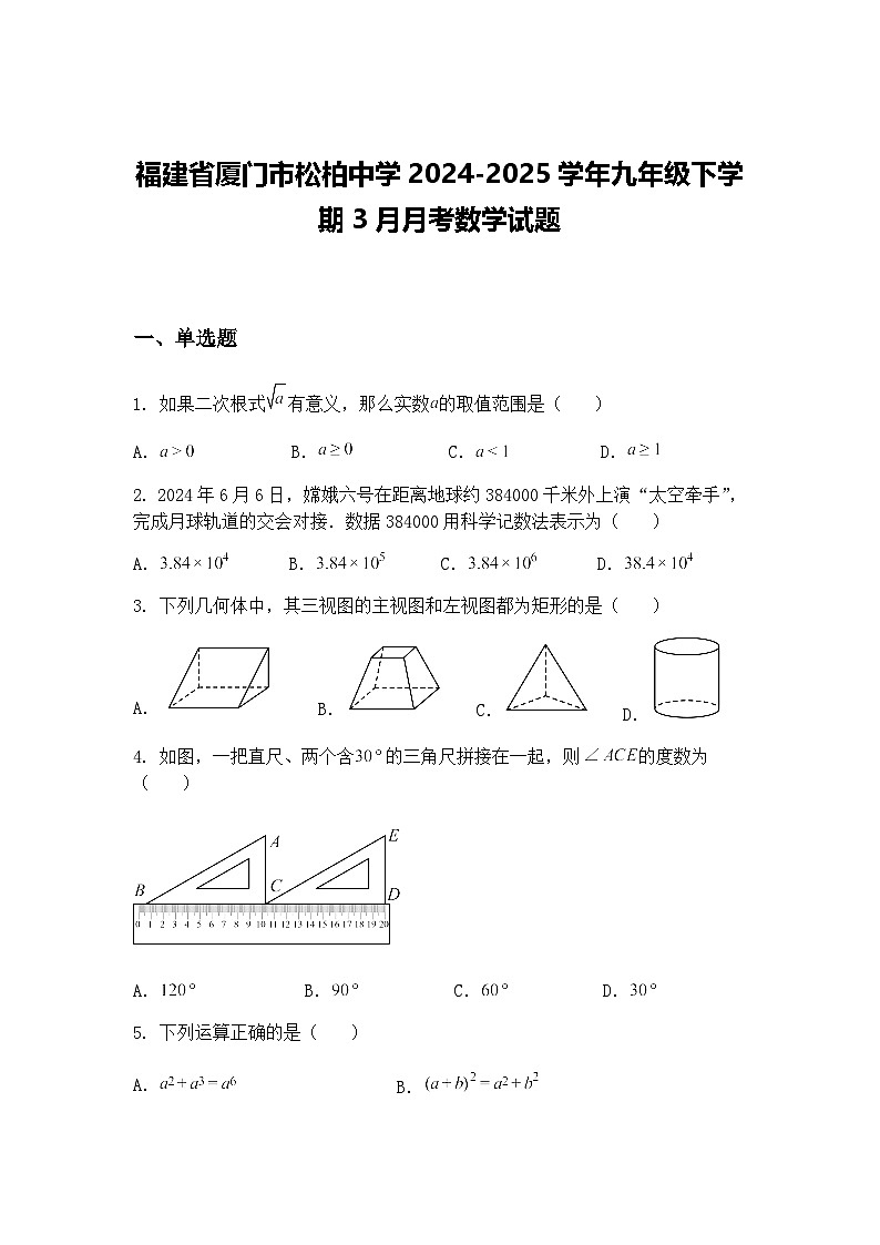 福建省厦门市松柏中学2024-2025学年九年级下学期3月月考数学试题(含答案解析)第1页