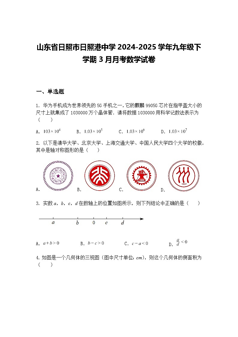 山东省日照市日照港中学2024-2025学年九年级下学期3月月考数学试卷(含答案解析)第1页