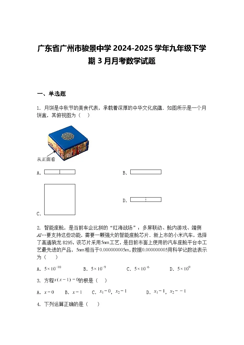 广东省广州市骏景中学2024-2025学年九年级下学期3月月考数学试题第1页