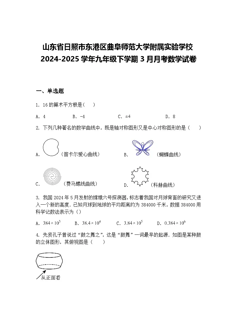 山东省日照市东港区曲阜师范大学附属实验学校2024-2025学年九年级下学期3月月考数学试卷(含答案解析)第1页