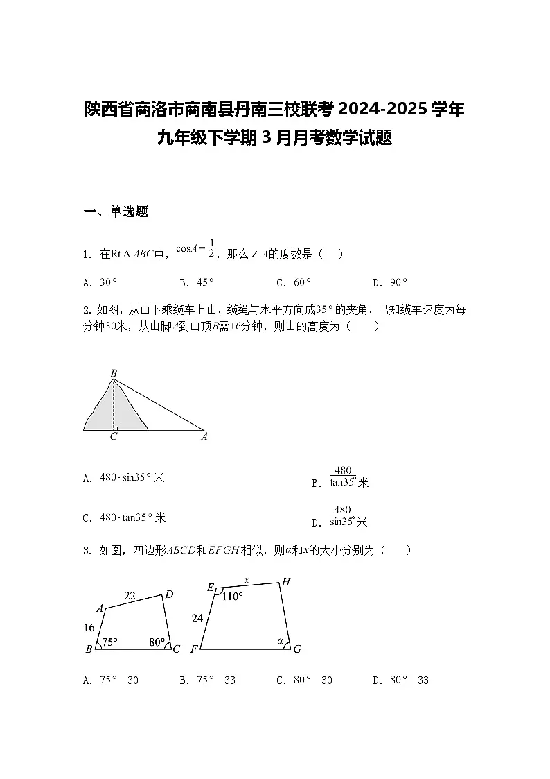 陕西省商洛市商南县丹南三校联考2024-2025学年九年级下学期3月月考数学试题(含答案解析)第1页