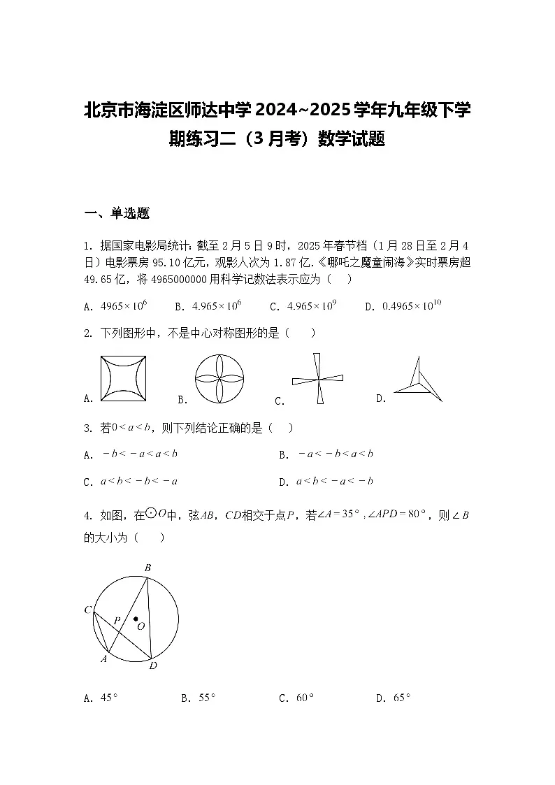 北京市海淀区师达中学2024~2025学年九年级下学期练习二(3月考)数学试题(含答案解析)第1页