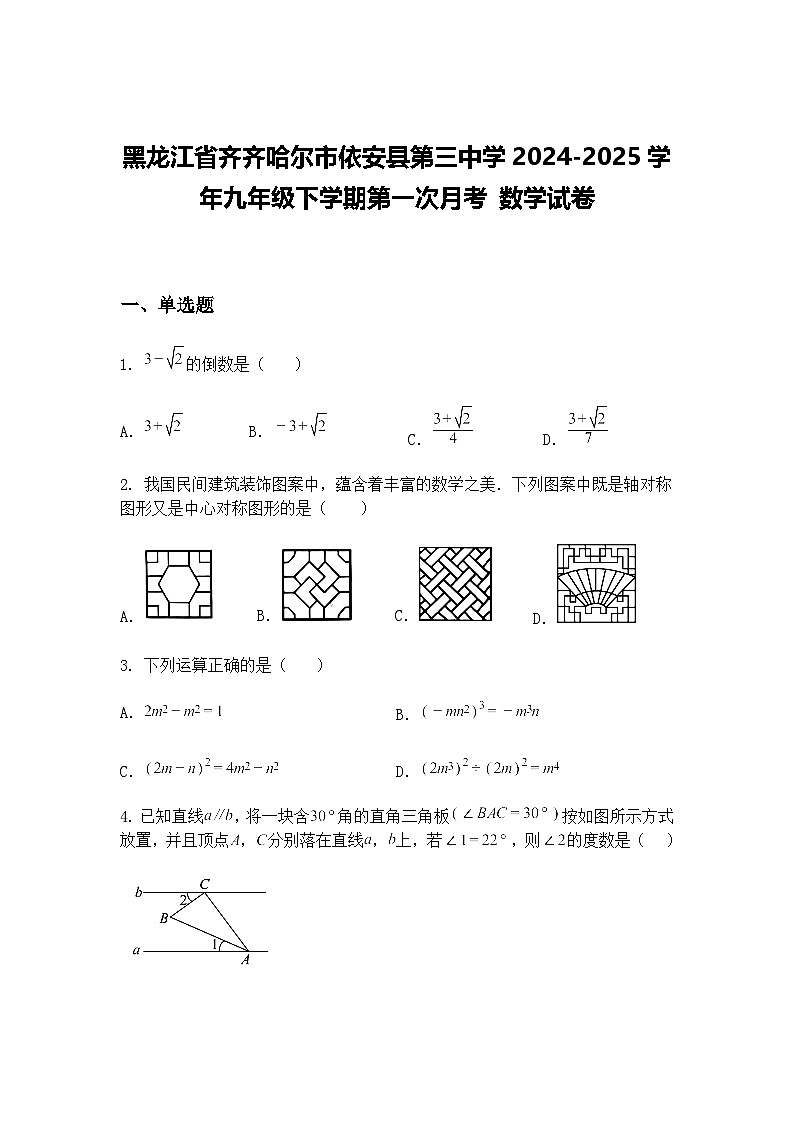黑龙江省齐齐哈尔市依安县第三中学2024-2025学年九年级下学期第一次月考 数学试卷(含答案解析)第1页