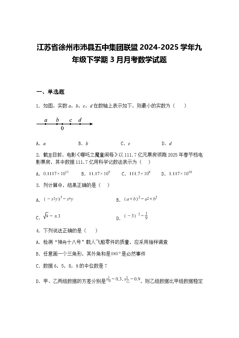 江苏省徐州市沛县五中集团联盟2024-2025学年九年级下学期3月月考数学试题(含答案解析)第1页