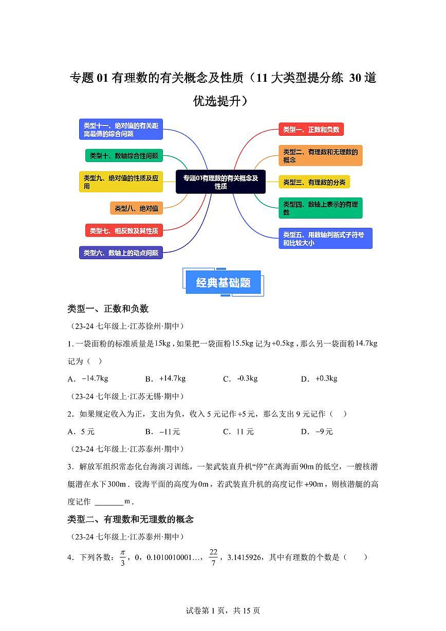 有理数的有关概念及性质(11大类型 30道优选提升)2024_2025学年七年级数学上册期中真题专项练习(江苏专用)附答案第1页