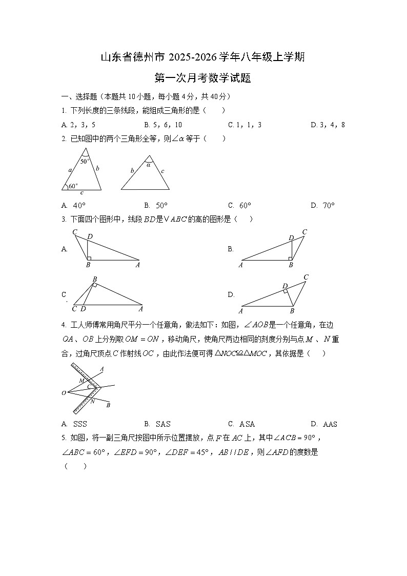 山东省德州市2025-2026学年八年级上学期第一次月考数学试卷(学生版)第1页