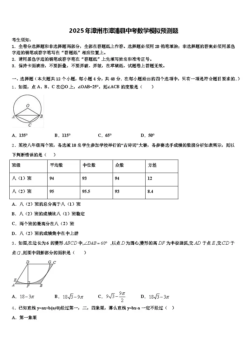 2025年漳州市漳浦县中考数学模拟预测题含解析第1页