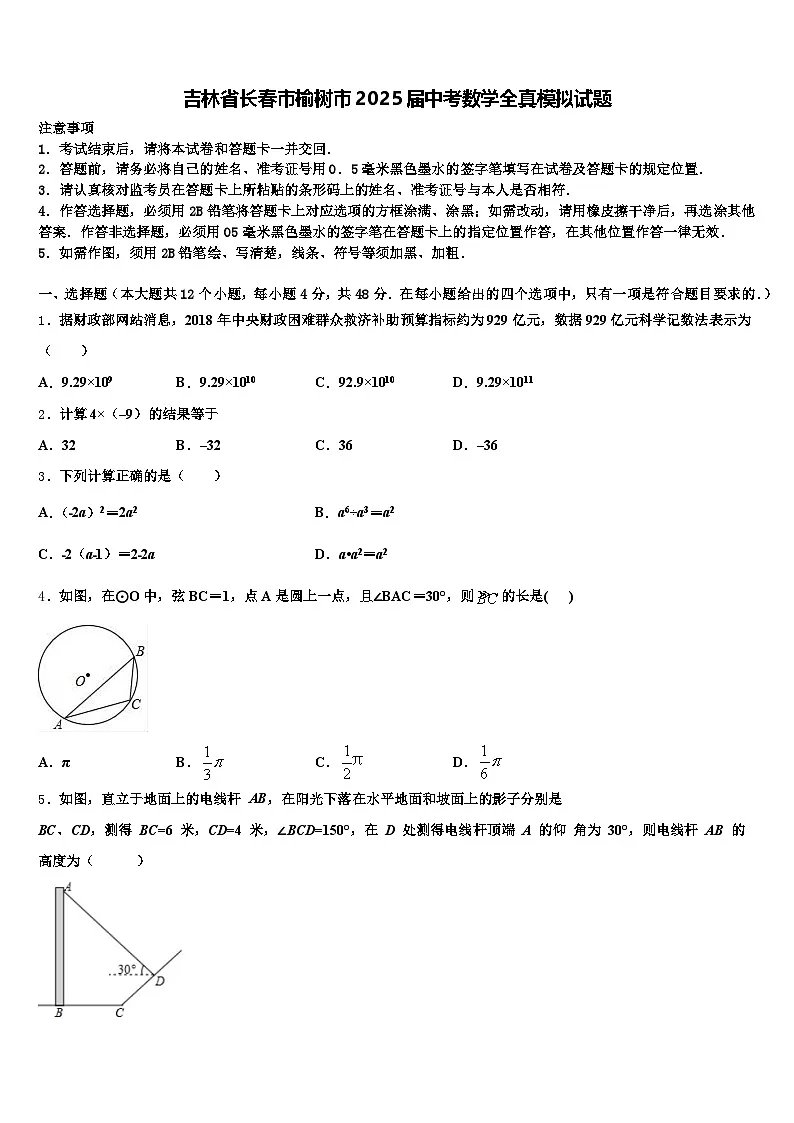 吉林省长春市榆树市2025届中考数学全真模拟试题含解析第1页