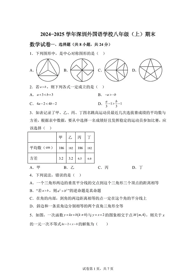 广东省深圳外国语学校2024—2025学年八年级上学期期末考试数学试题(含答案)第1页