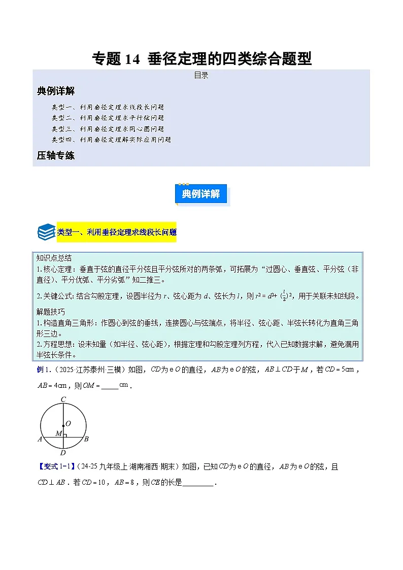 专题14 垂径定理的四类综合题型(压轴题专项训练)数学人教版九年级上册(原卷版)第1页