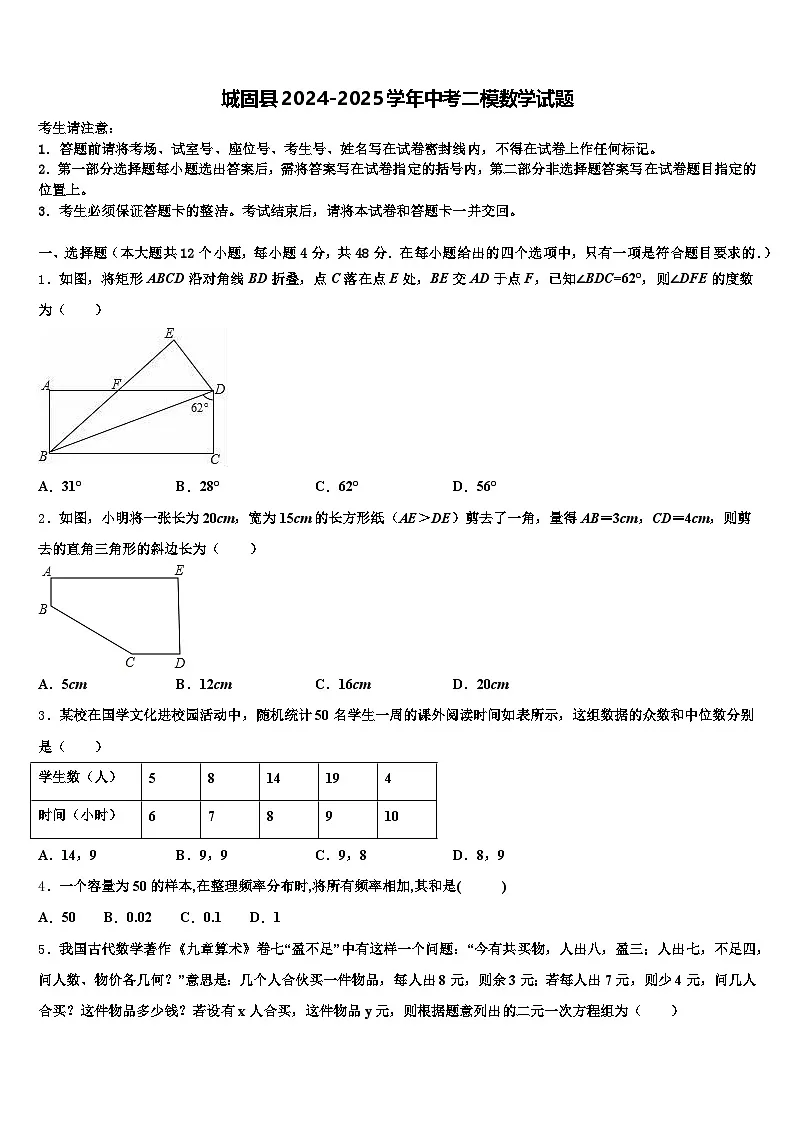 城固县2024-2025学年中考二模数学试题含解析第1页