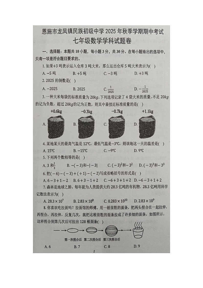 湖北省恩施土家族苗族自治州恩施市龙凤镇民族初级中学2025-2026学年七年级上学期11月期中数学试题第1页