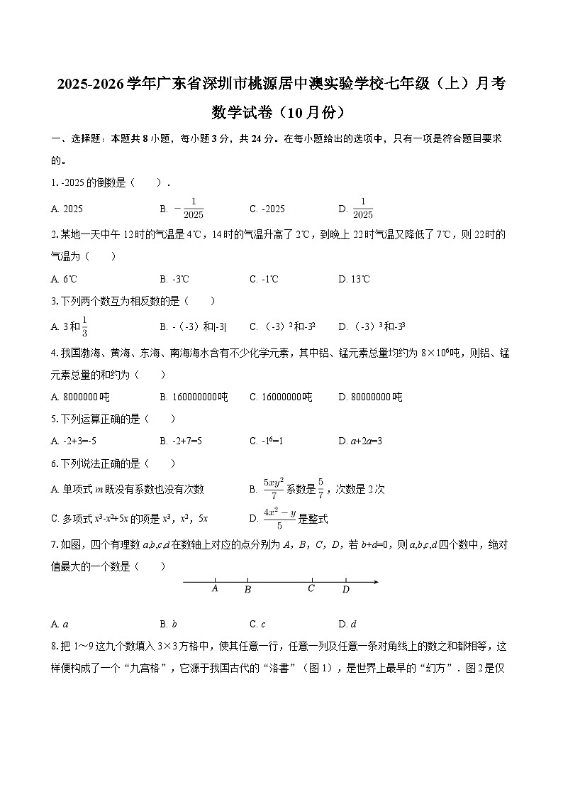 2025-2026学年广东省深圳市桃源居中澳实验学校七年级(上)月考数学试卷(10月份)-自定义类型第1页