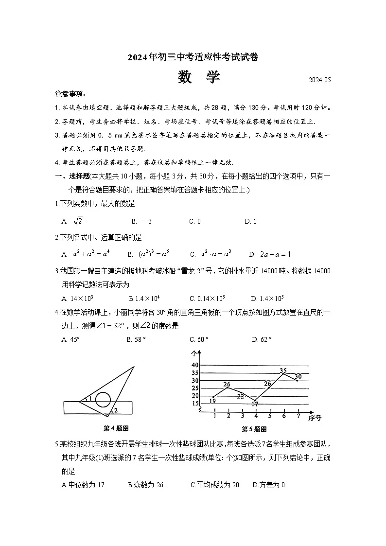 2024年昆山、太仓、常熟、张家港市初三数学中考适应性考试试卷(含答案)第1页