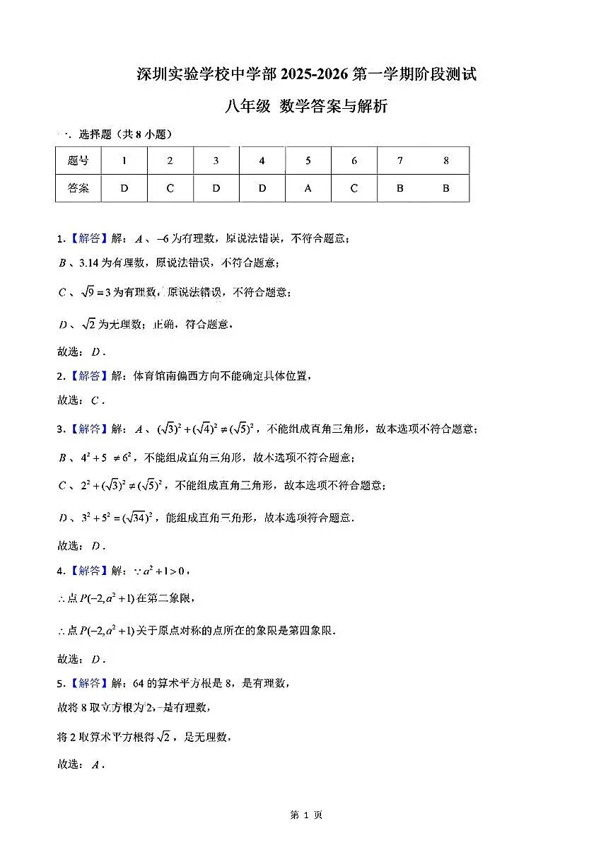 广东省深圳实验学校初中部2025-2026学年八年级上学期期中数学试卷 答案第1页