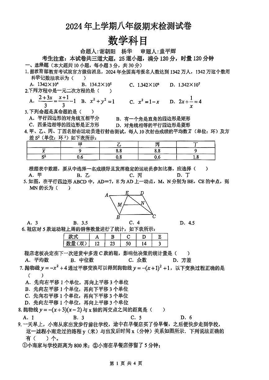 湖南省长沙市2023-2024年春雅礼集团八年级下期末数学第1页