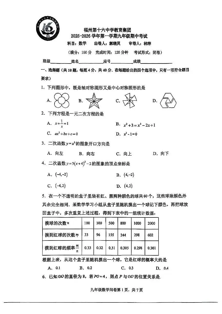 福建省福州第十六中学教育集团2025-2026学年九年级上学期期中数学试卷第1页