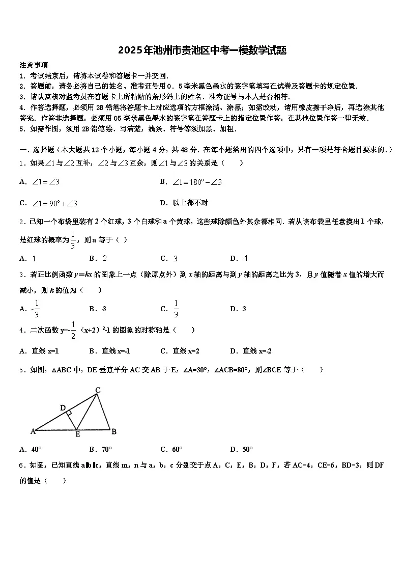 2025年池州市贵池区中考一模数学试题含解析第1页
