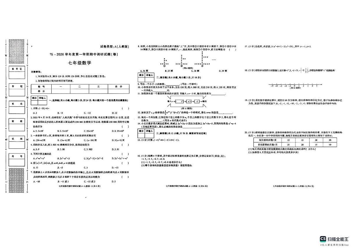 陕西省西安市第二中学2025-2026学年七年级上学期11月期中数学试题第1页