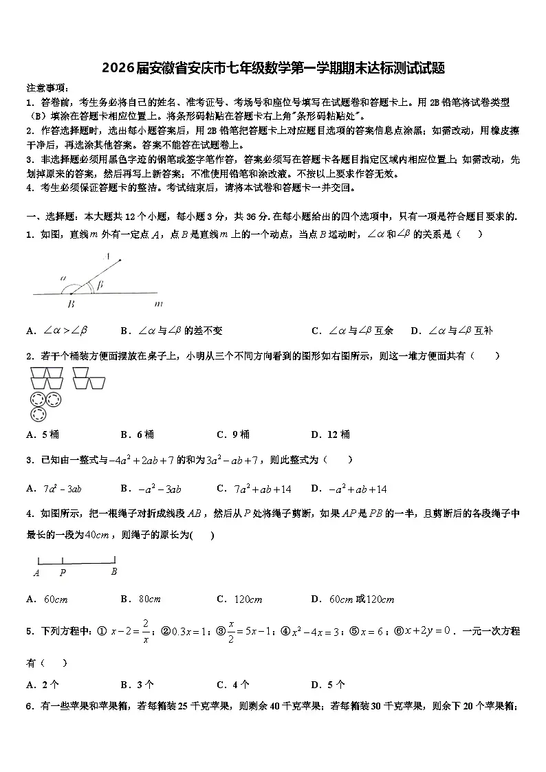 2026届安徽省安庆市七年级数学第一学期期末达标测试试题含解析第1页