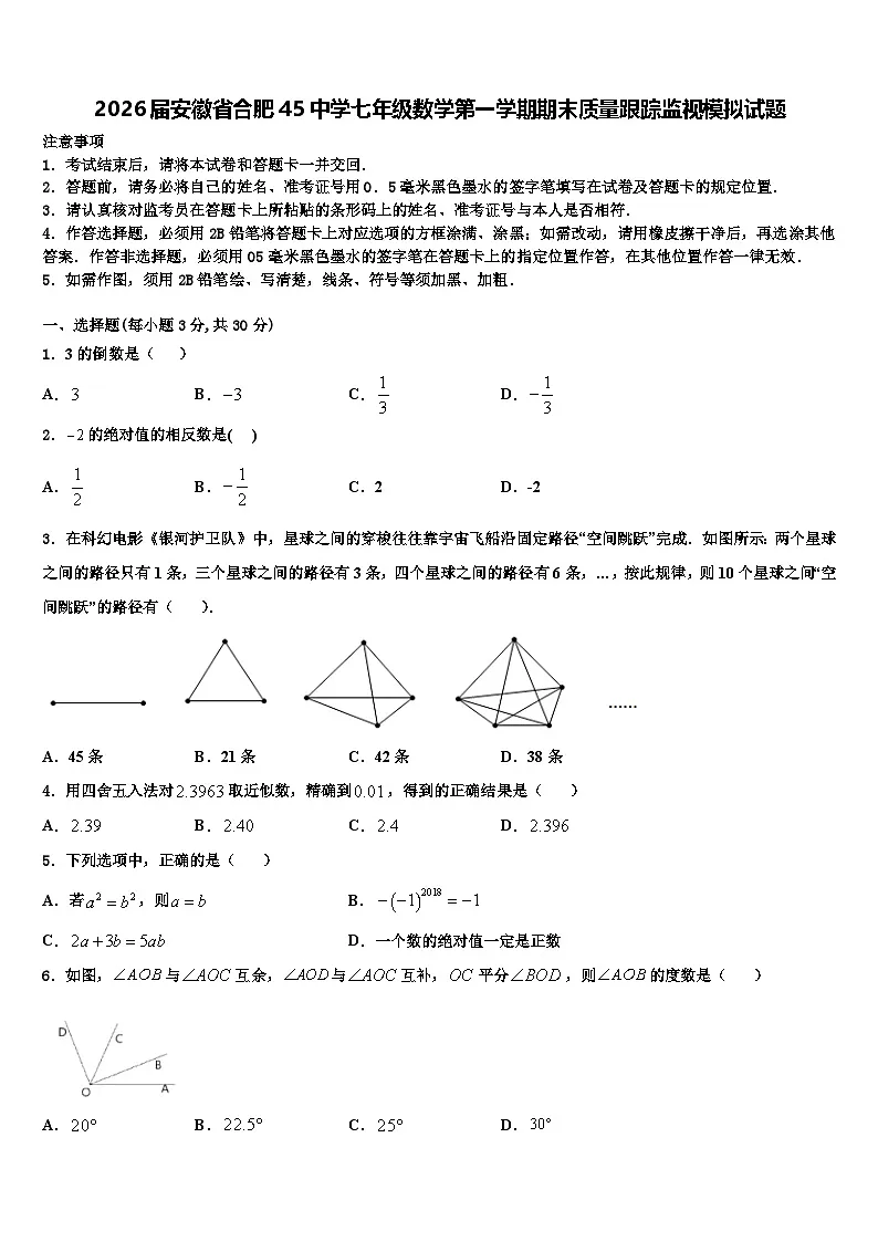 2026届安徽省合肥45中学七年级数学第一学期期末质量跟踪监视模拟试题含解析第1页